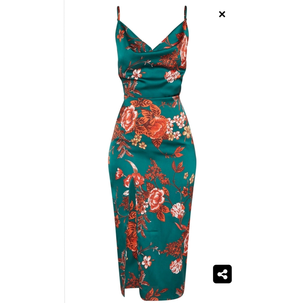 Emerald Green Floral High Slit Dress